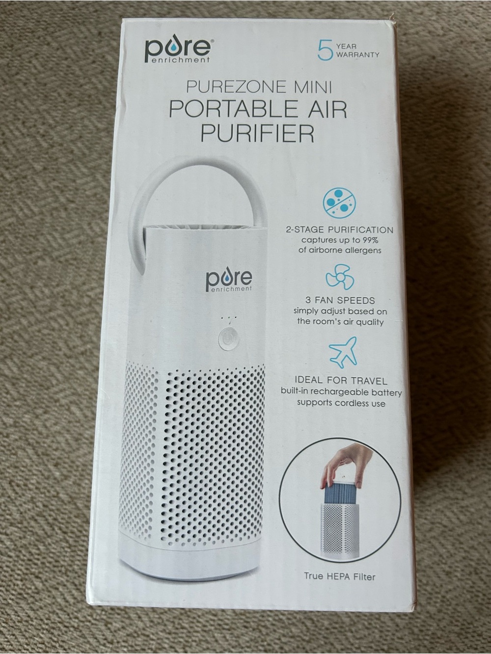 NEW PureZone Mini Travel / Portable Air Purifier - White 2 Stage Purification